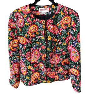 Vintage Maggy London Silk Black Quilted Jacket Boho  Paisley Floral Artsy  Sz‎ 8